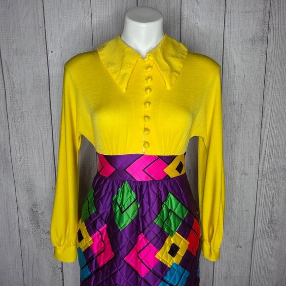 VTG Mr Jac JR by Martin Marks Groovy Maxi Dress - Dagger Collar & Quilted Skirt - Picture 6 of 11